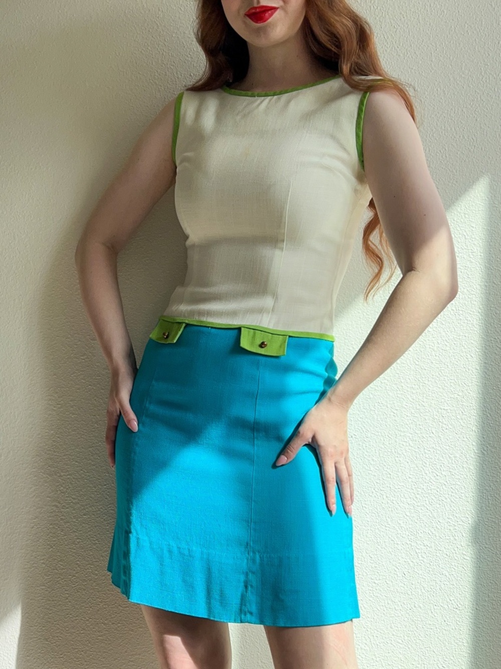 Vintage 1960s Mod Dress With White, Green, and Blue Colorblock (S)